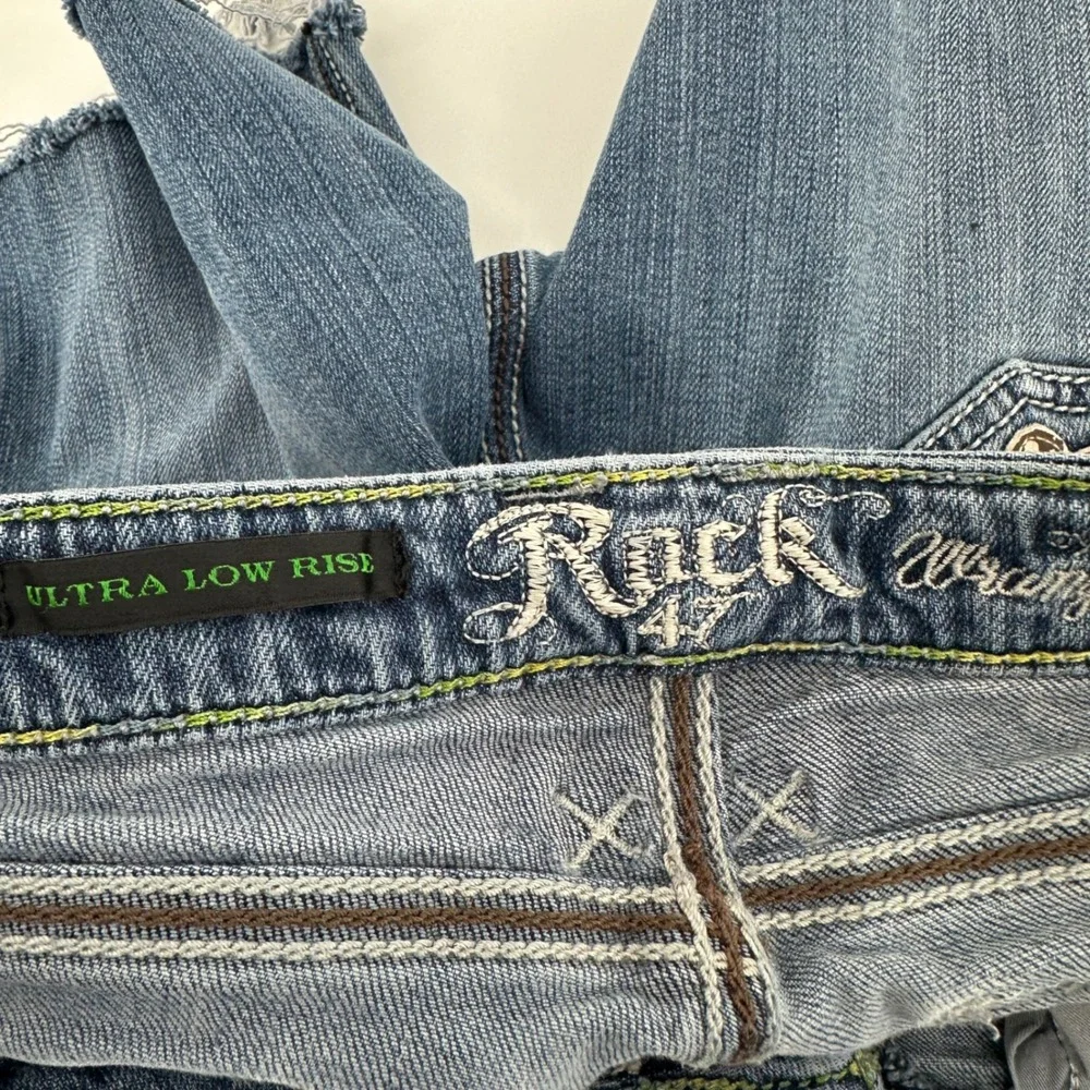 Rock 47 Wrangler Shorts Women 27 Blue Denim Ultra Low Rise Cutoff Raw Hem Y2K